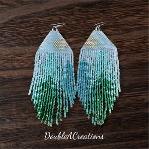 Pine Tree Beaded Earrings with Fringe, New, Handmade by Me